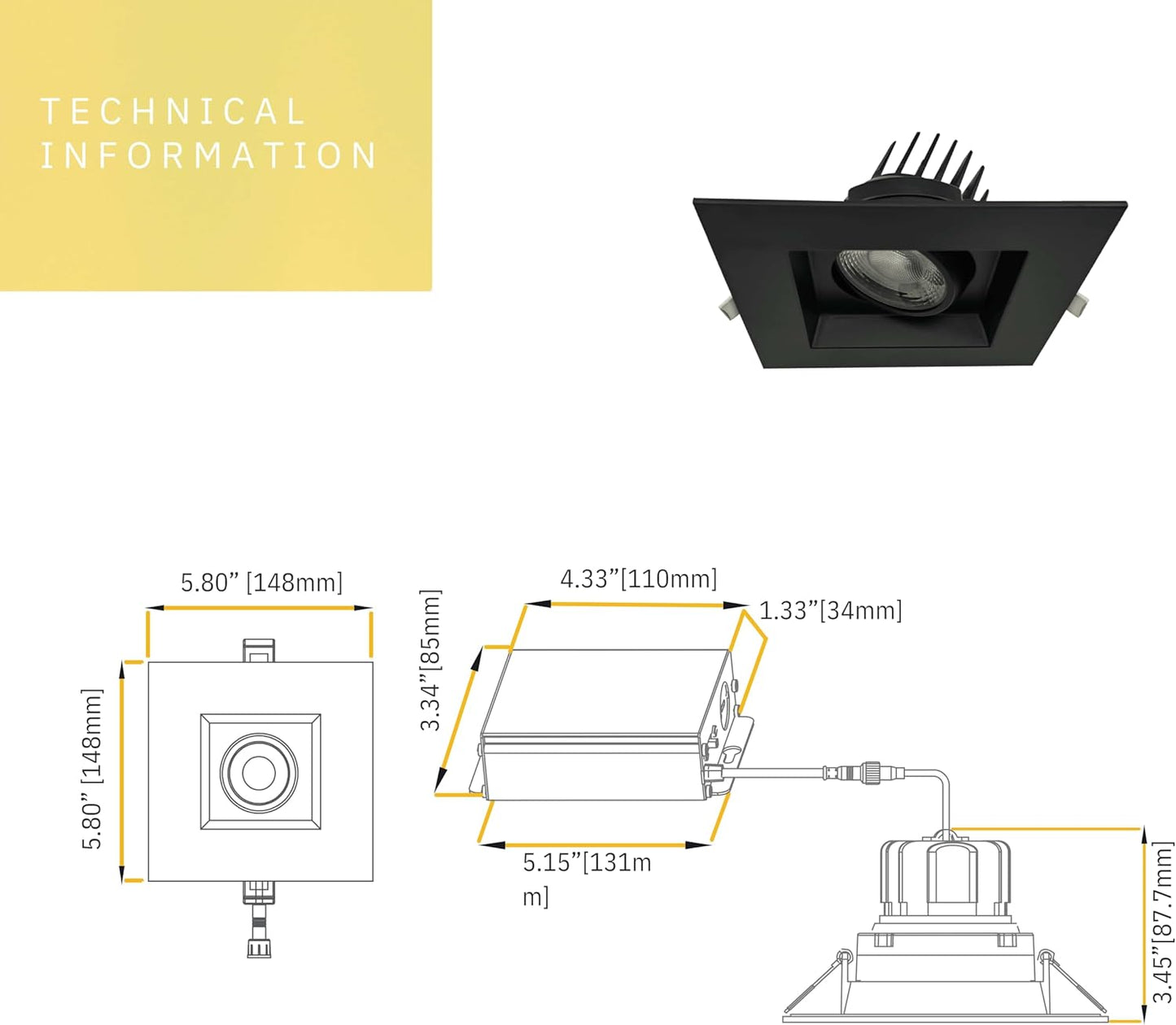 P-6395 3.5 Inch Regress Gimbal Square Black 14W=125W, 1400 Lumens 5CCT Recessed Light