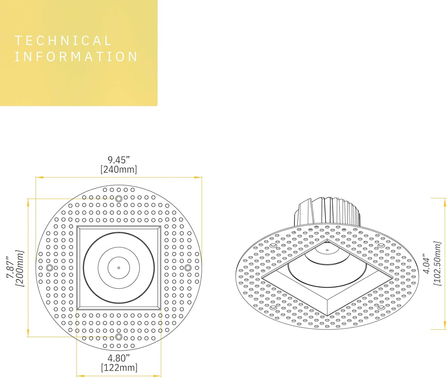 P-6440 4 Inch Trimless Square, White Finish 15/22W,1600/2400 Lumens 5CCT Recessed Light
