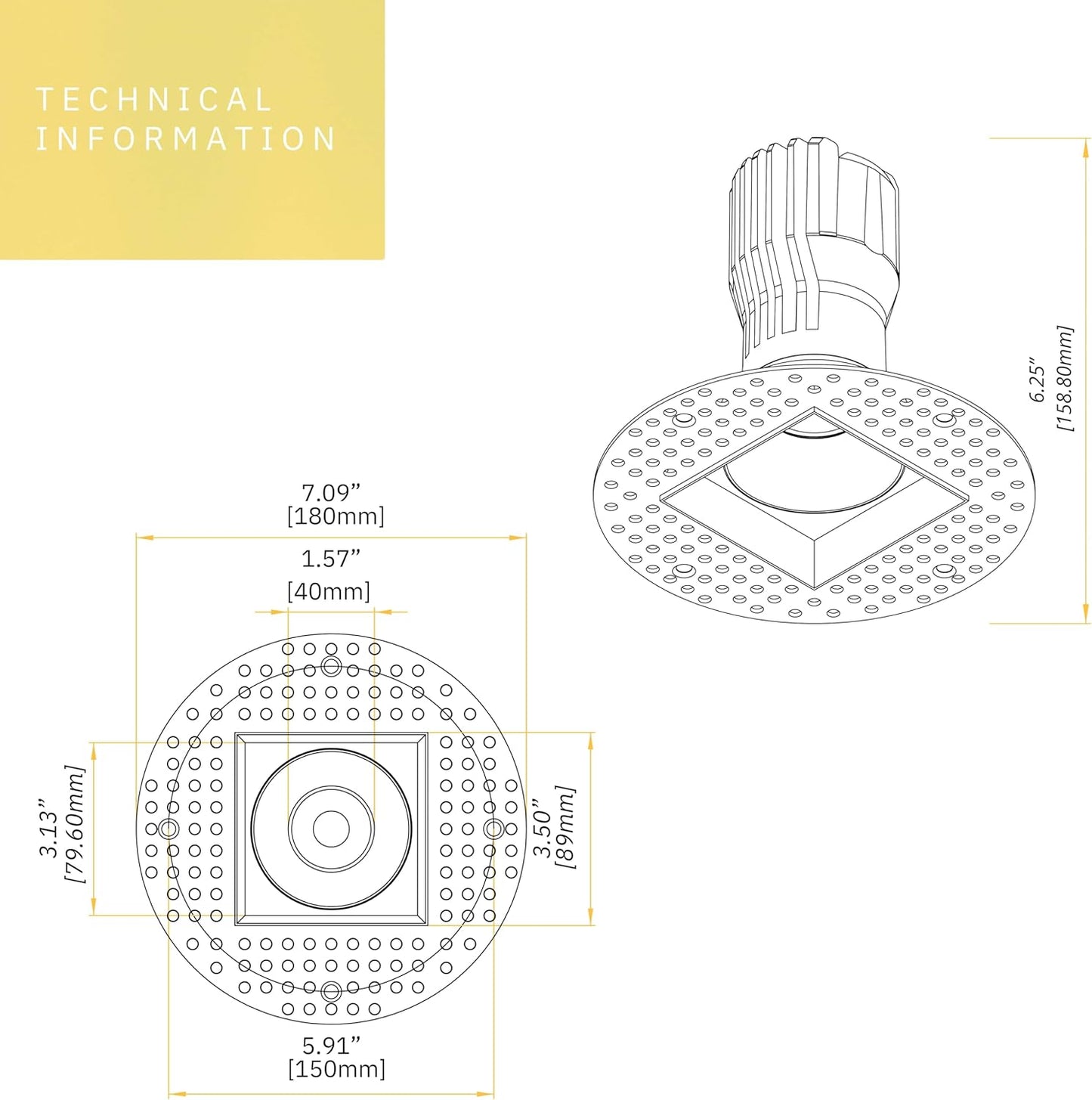 P-6433 3 Inch Trimless Square, Brass Finish 24 Watts, 1800 Lumens 5CCT Recessed Light