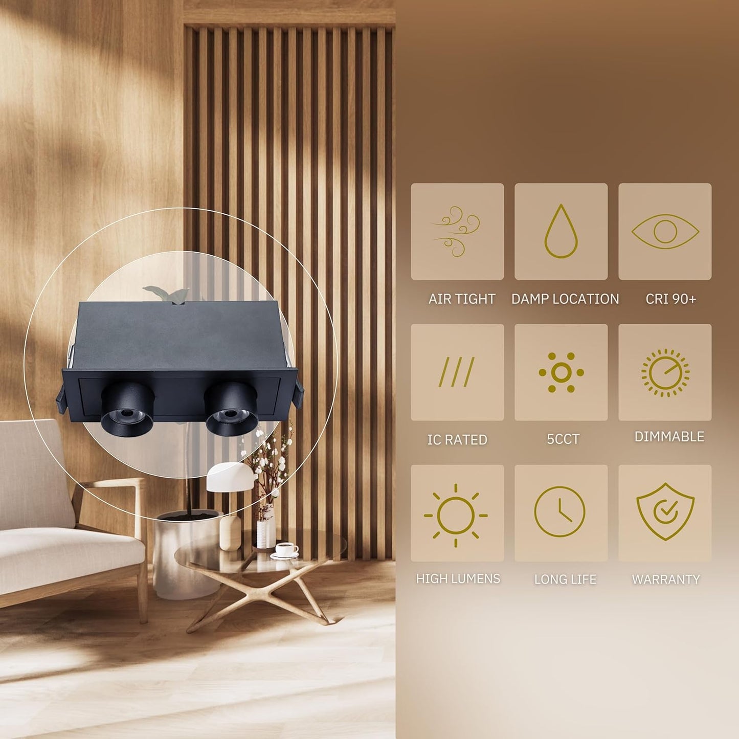 P-6637 2 Inch 2 Head Retractable, Black Finish 6 Watts, 400 Lumens 5CCT Recessed Light