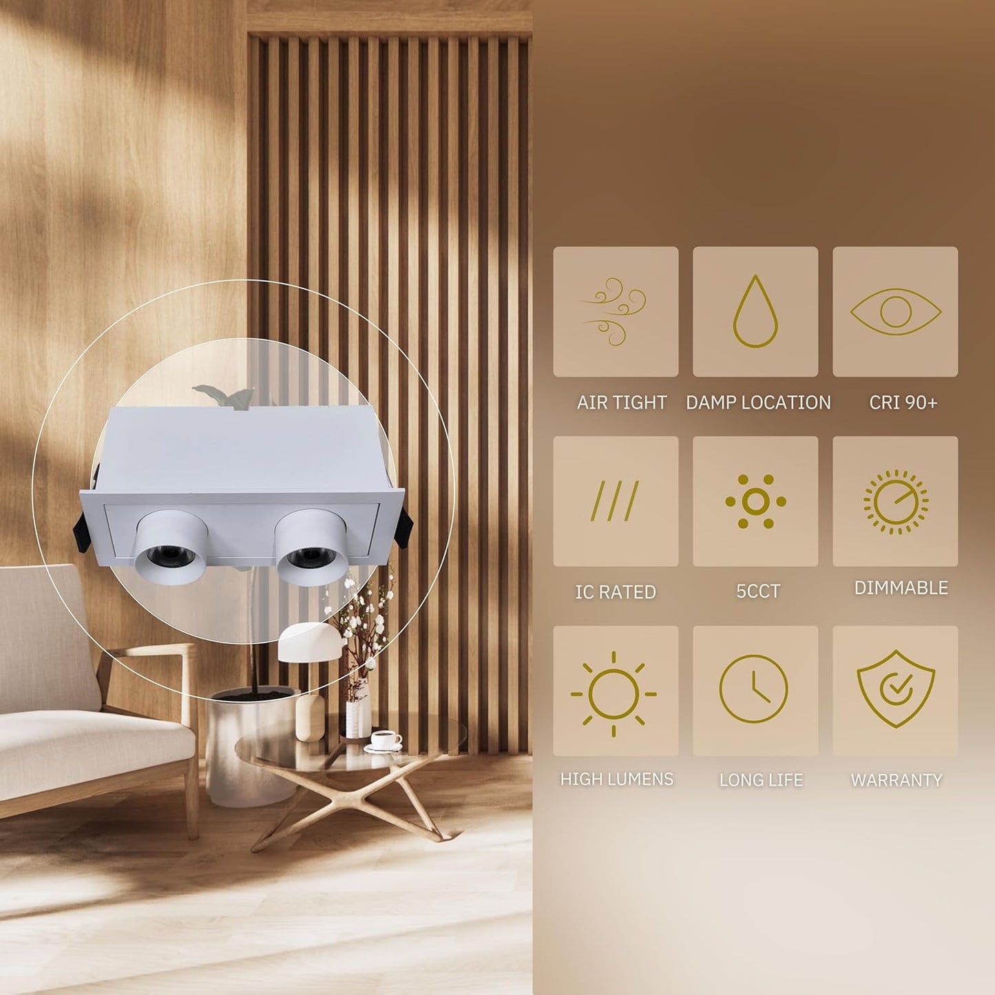 P-6633 2 Inch 2 Head Retractable, White Finish 6 Watts, 400 Lumens 5CCT Recessed Light