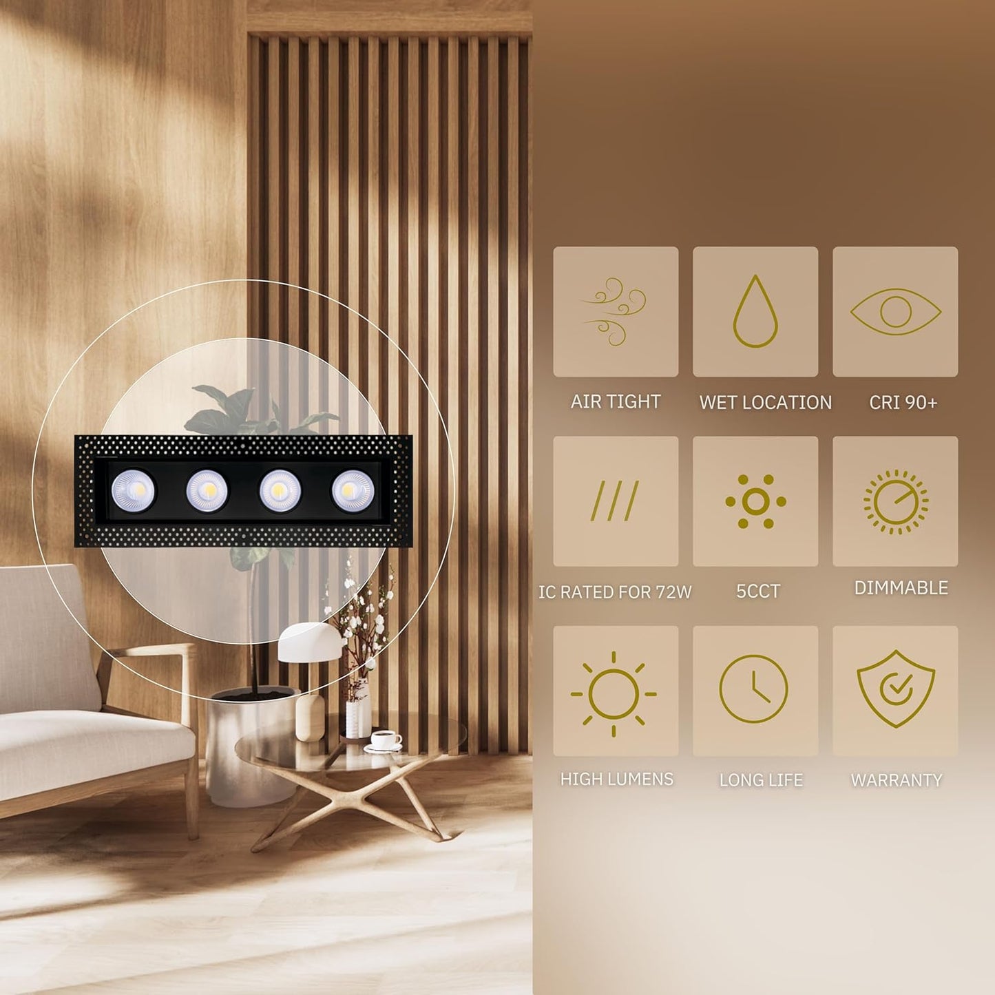 P-6611 4 Inch Trimless 4 Head Multiple Gimbal, Black Finish 72 Watts, 6400 Lumens 5CCT Recessed Light