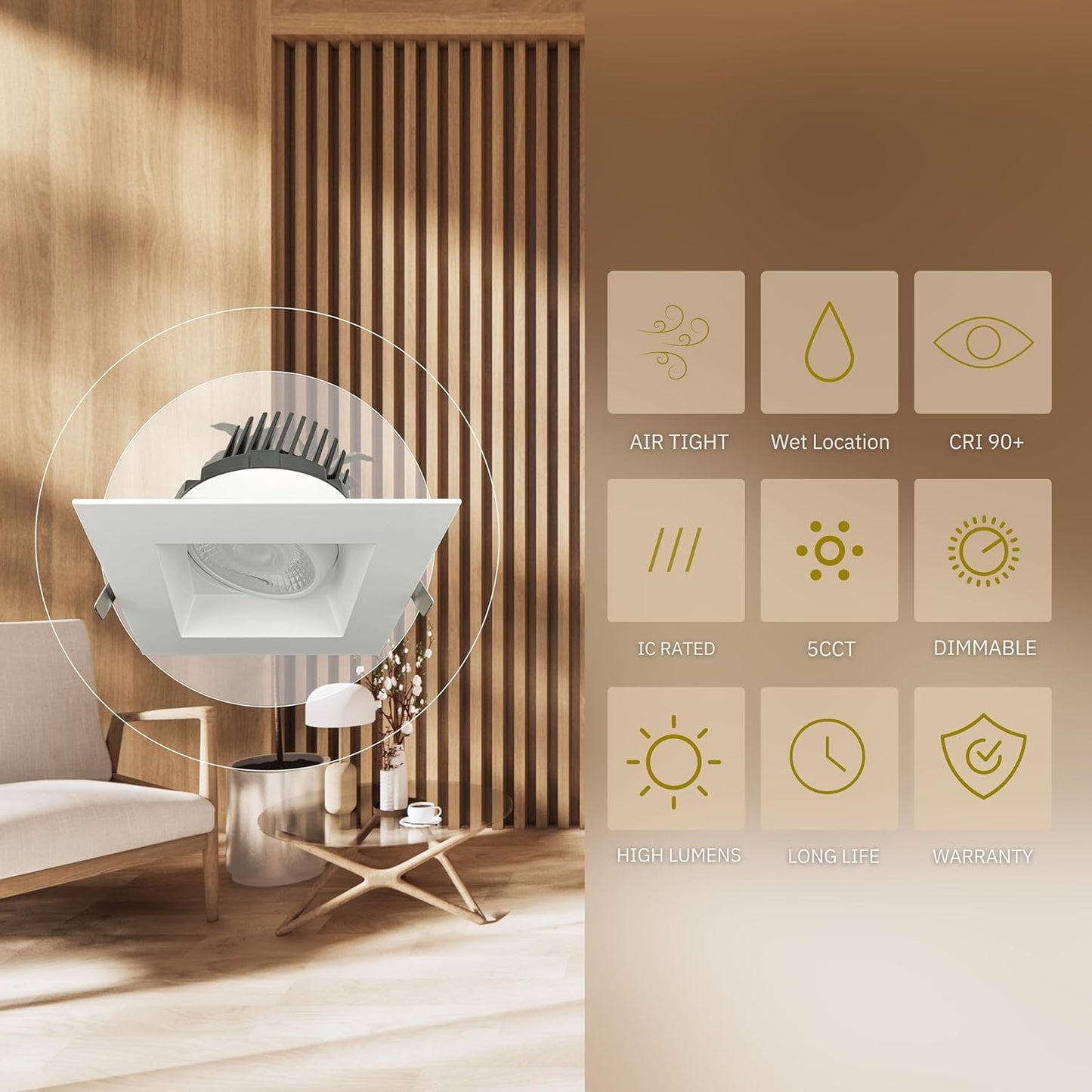 P-6088 6 Inch Square White 22W 2200 Lumens 5CCT Gimbal Light