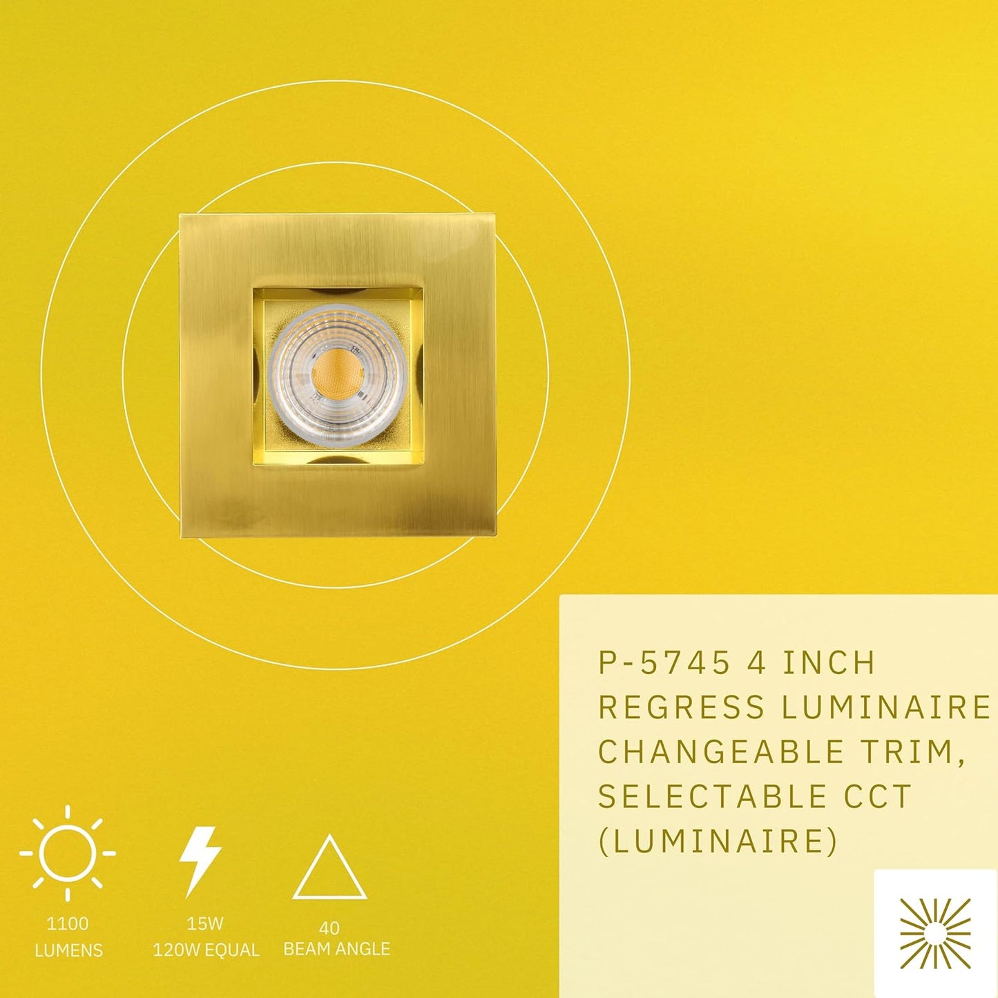 P-5745 4 Inch Square Brushed Brass 15W 1100 Lumens 5CCT Recessed Light