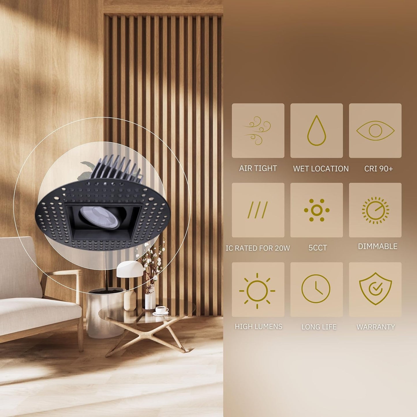 P-6608 4 Inch Trimless Gimbal Square, Black Finish 20 Watts, 1800 Lumens 5CCT Recessed Light