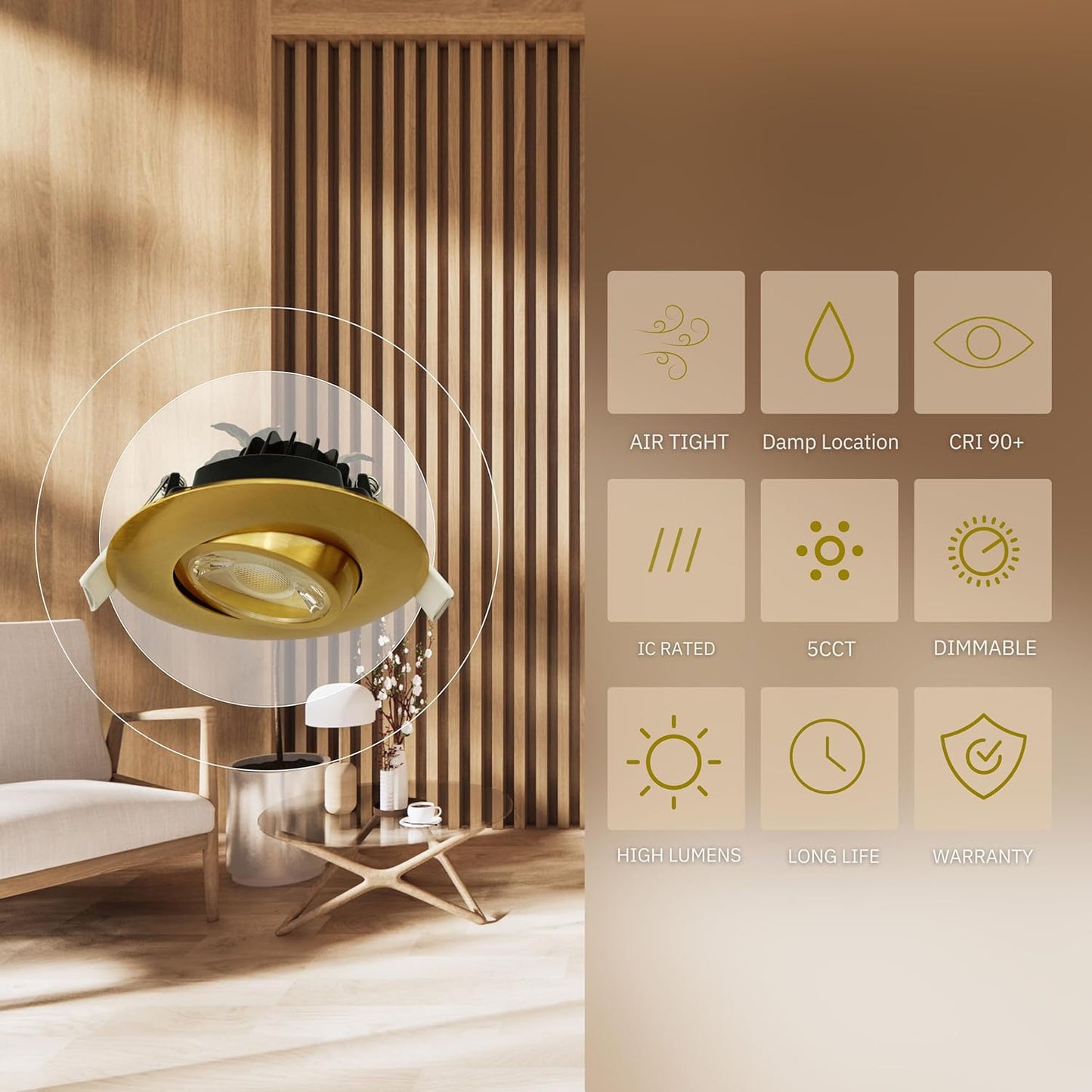 P-5868 3 Inch Round Brushed Brass 8W 700 Lumens 5CCT Gimbal Light