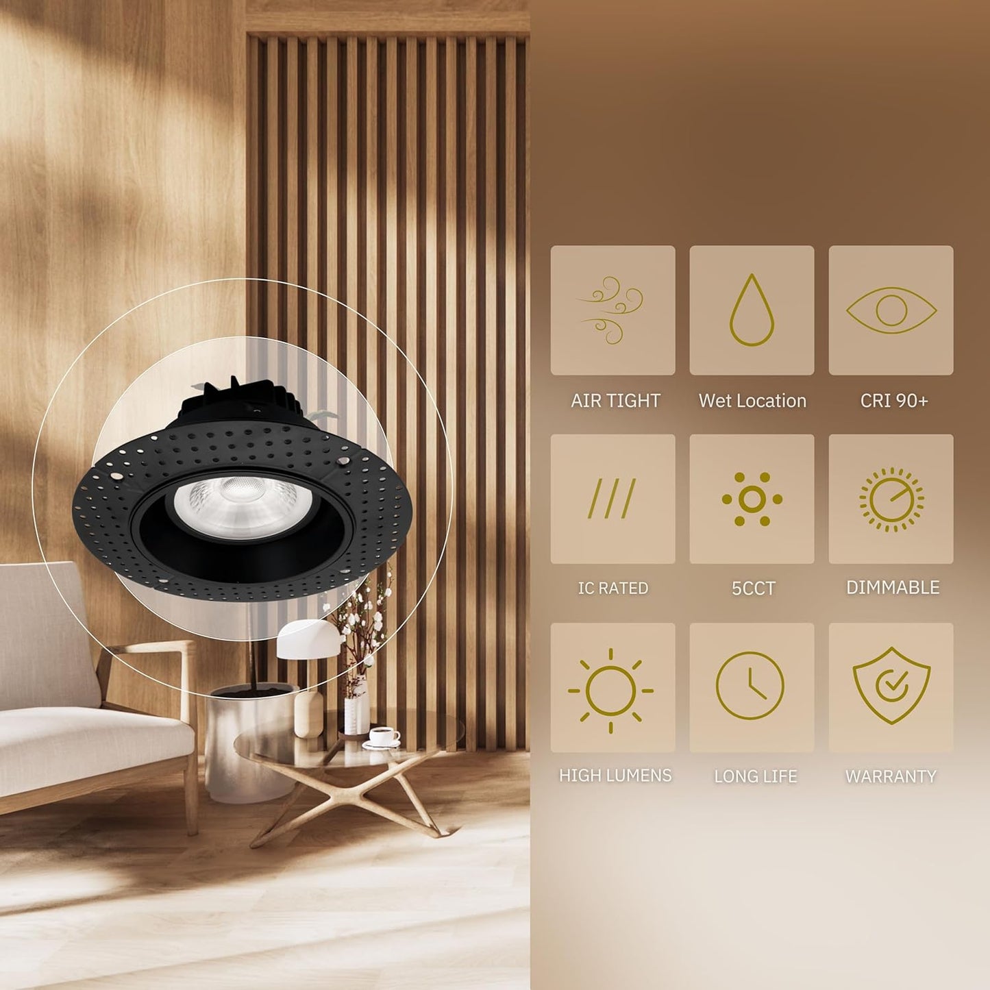 P-6166 4 Inch Trimless Black Round 17W 1500 Lumens 5CCT Gimbal Light