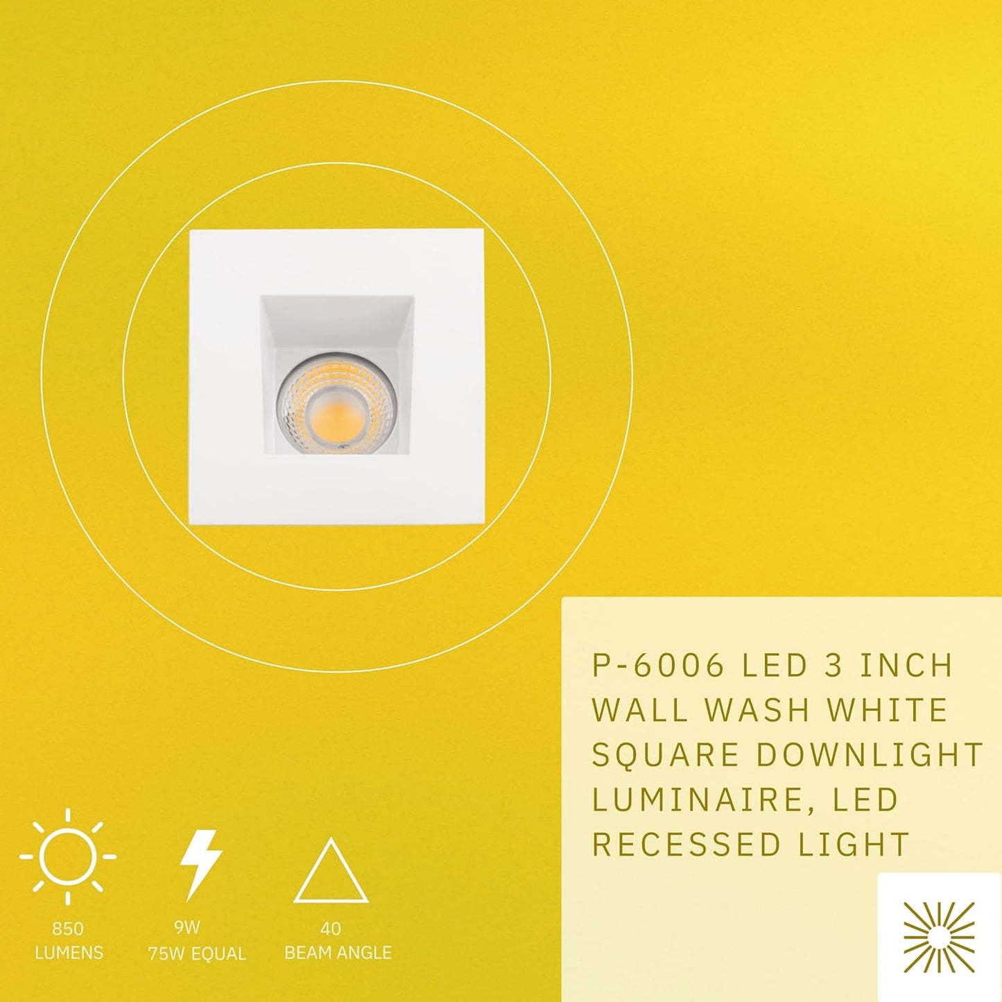 P-6006 3 Inch Wall Wash White Square 9W 850 Lumens 5CCT Recessed Light