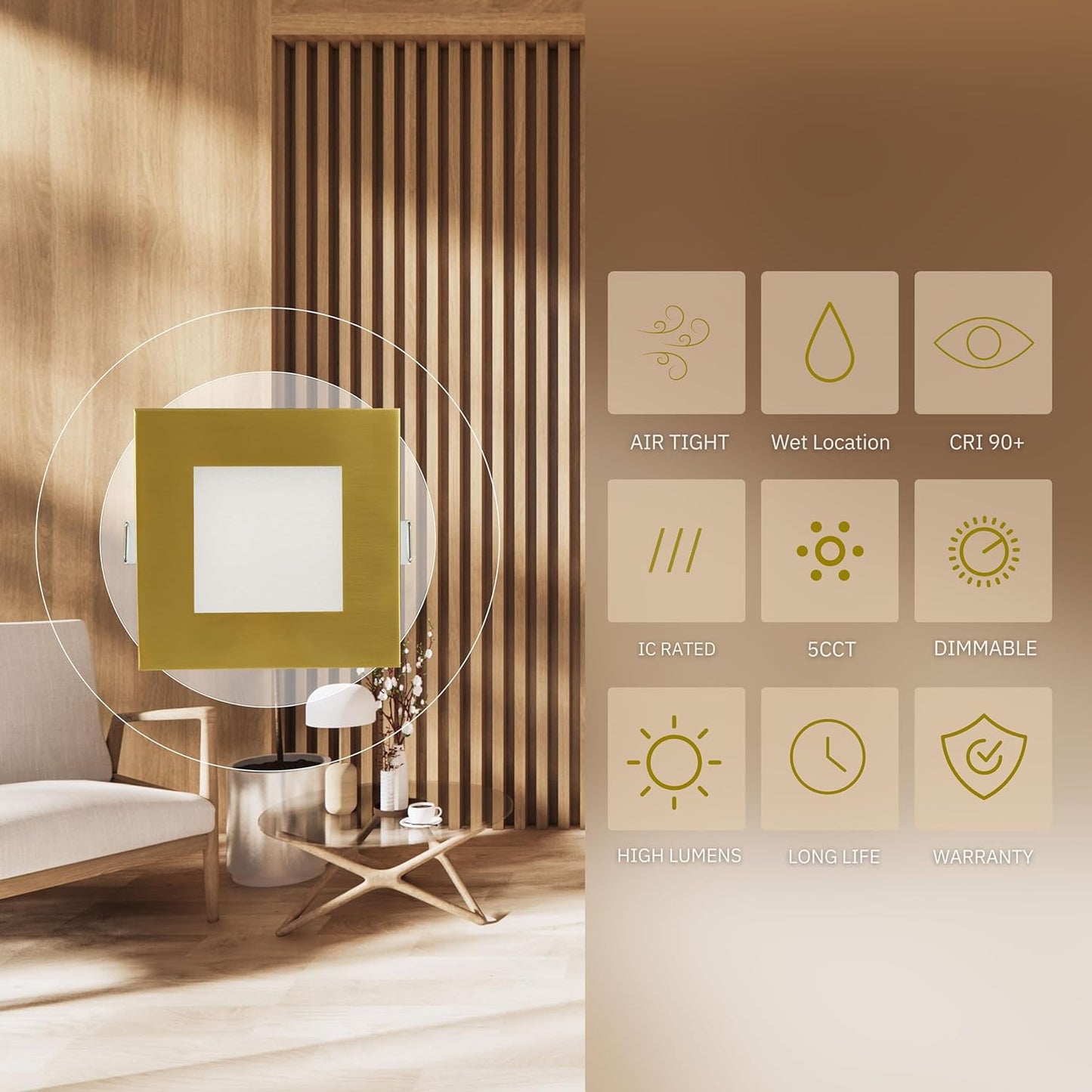 P-6229 6 Inch Square Brushed Brass 18W 1600 Lumens 5CCT Slim Light