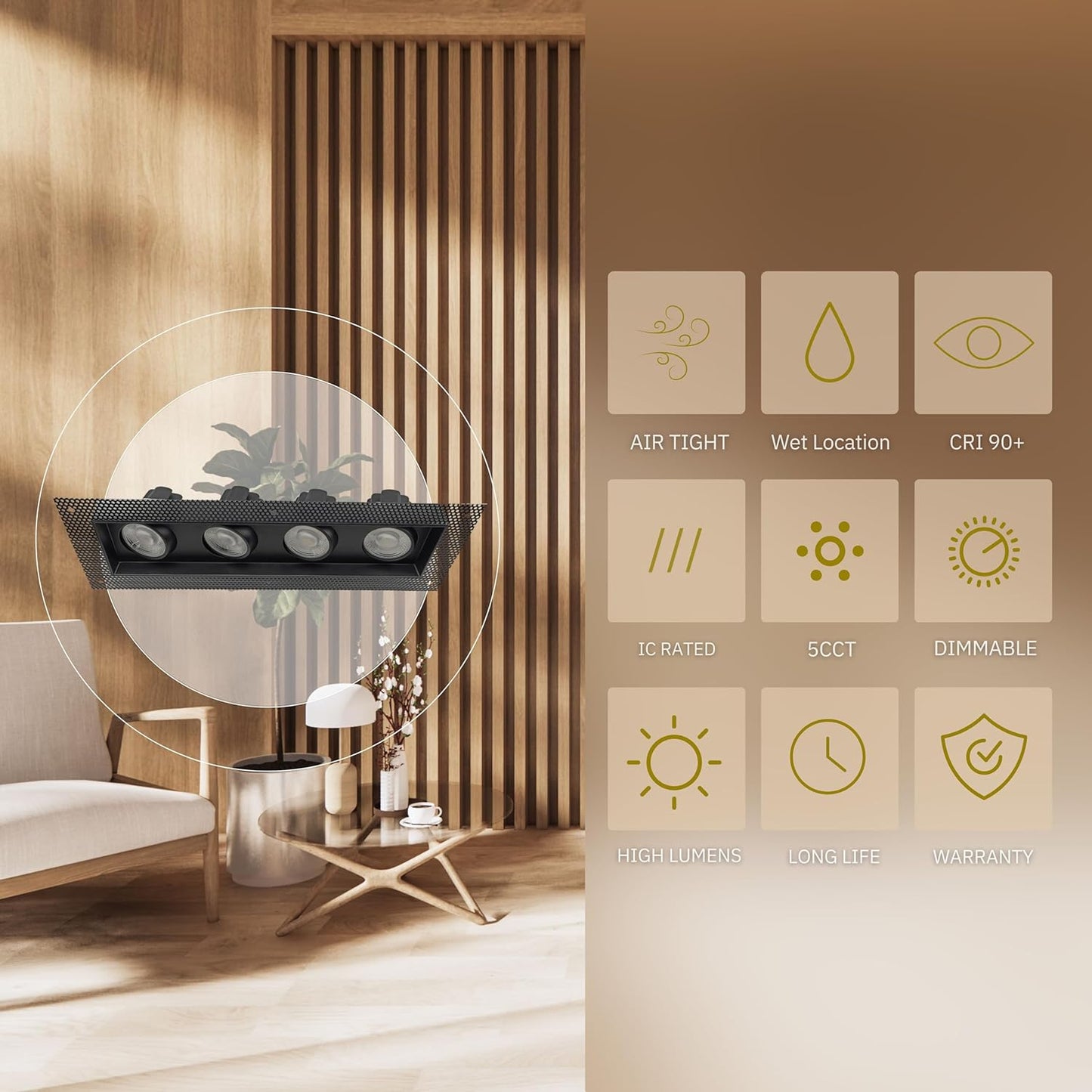 P-6170 4 Inch Trimless 4 Head Black 52W 4800 Lumens 5CCT Gimbal Light