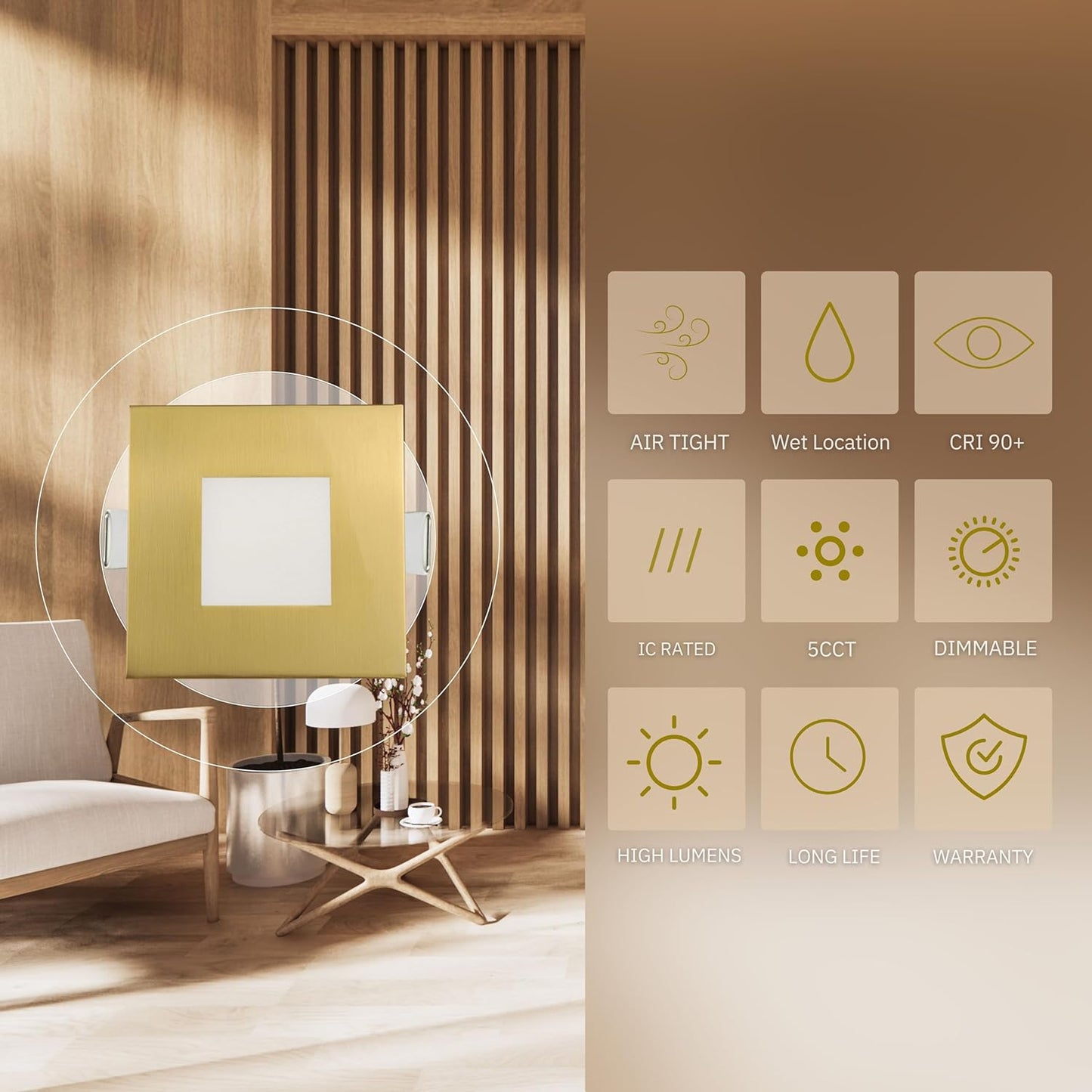 P-6217 3 Inch Square Brushed Brass 8W 550 Lumens 5CCT Slim Light