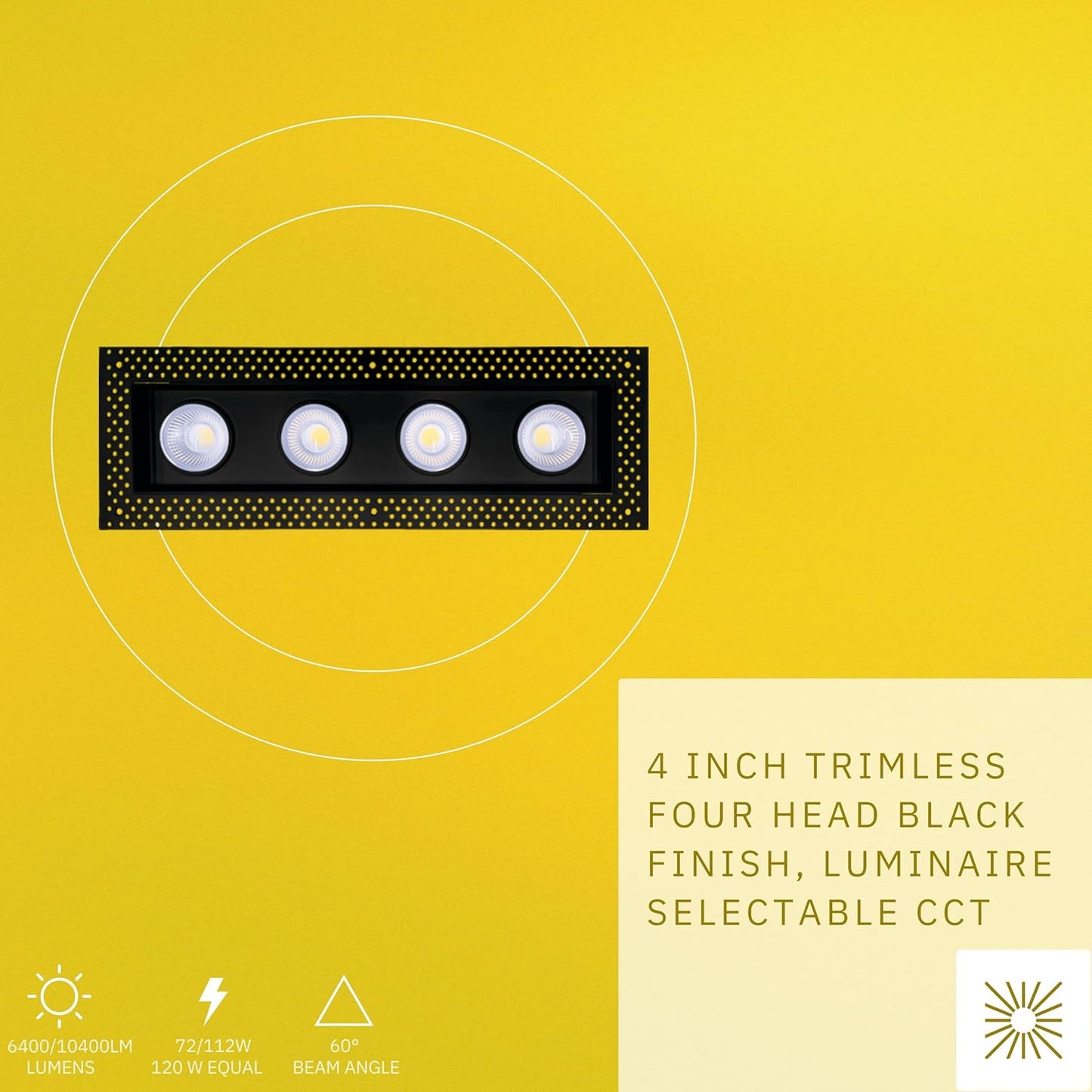P-6611 4 Inch Trimless 4 Head Multiple Gimbal, Black Finish 72 Watts, 6400 Lumens 5CCT Recessed Light