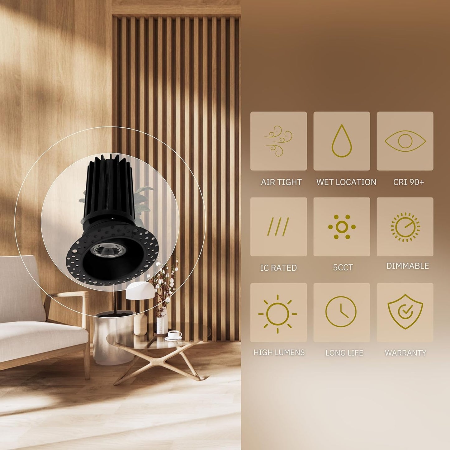 P-6538 1.5 Inch Trimless Gimbal Round, Black Finish 12 Watts, 1000 Lumens 5CCT Recessed Light