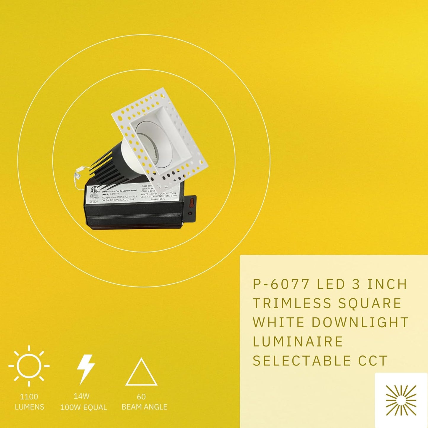P-6077 3 Inch Trimless Square White 14W 1100 Lumens 5CCT Recessed Light