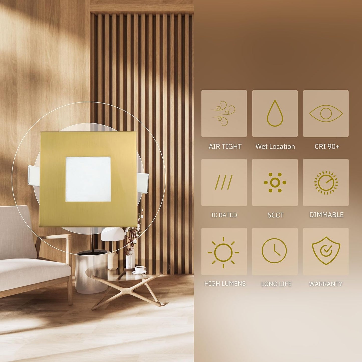 P-5878 3 Inch Square Brushed Brass 5W 500 Lumens 5CCT Slim Ultra-Thin Light