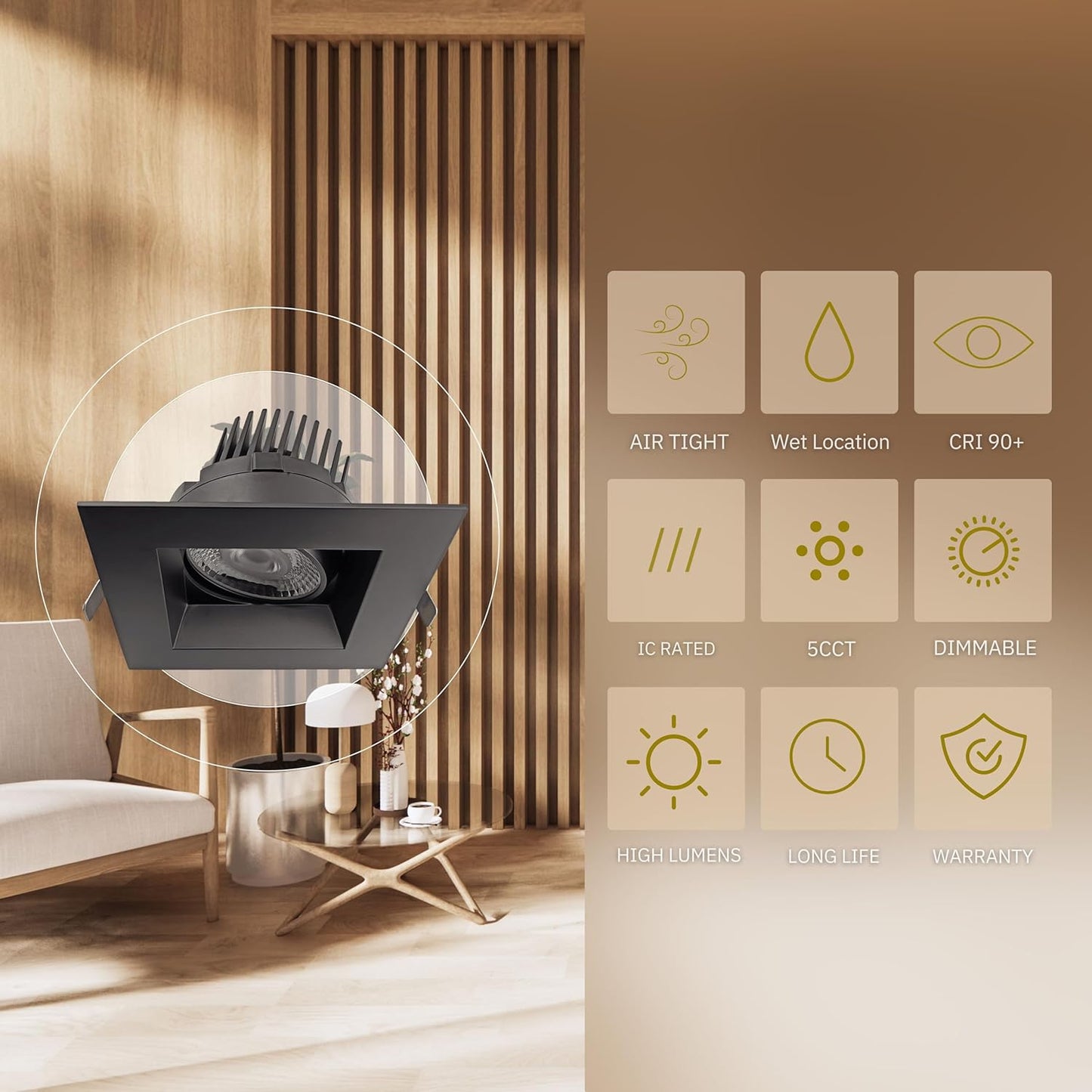 P-6090 6 Inch Square Black 22W 2200 Lumens 5CCT Gimbal Light