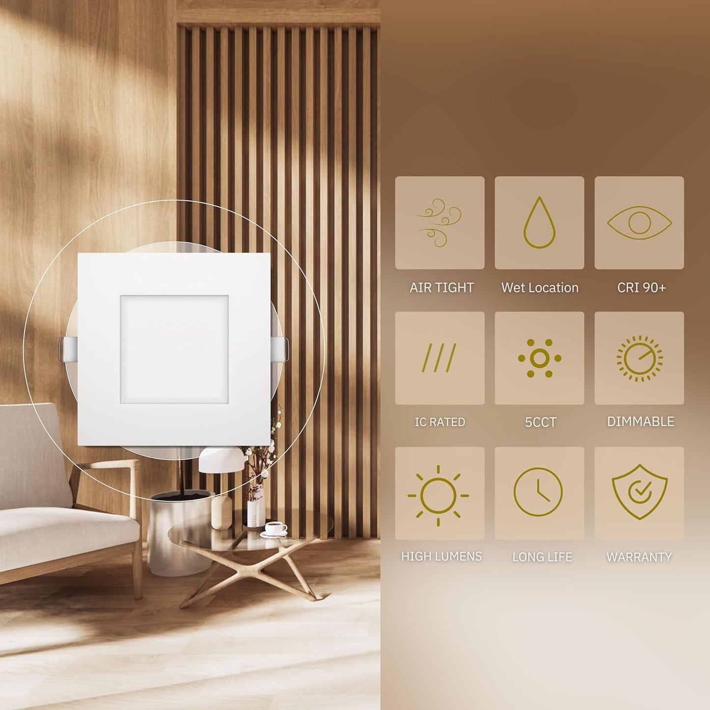 P-5146 5 Inch Square White 15W 500 Lumens 5CCT Slim Ultra-Thin light