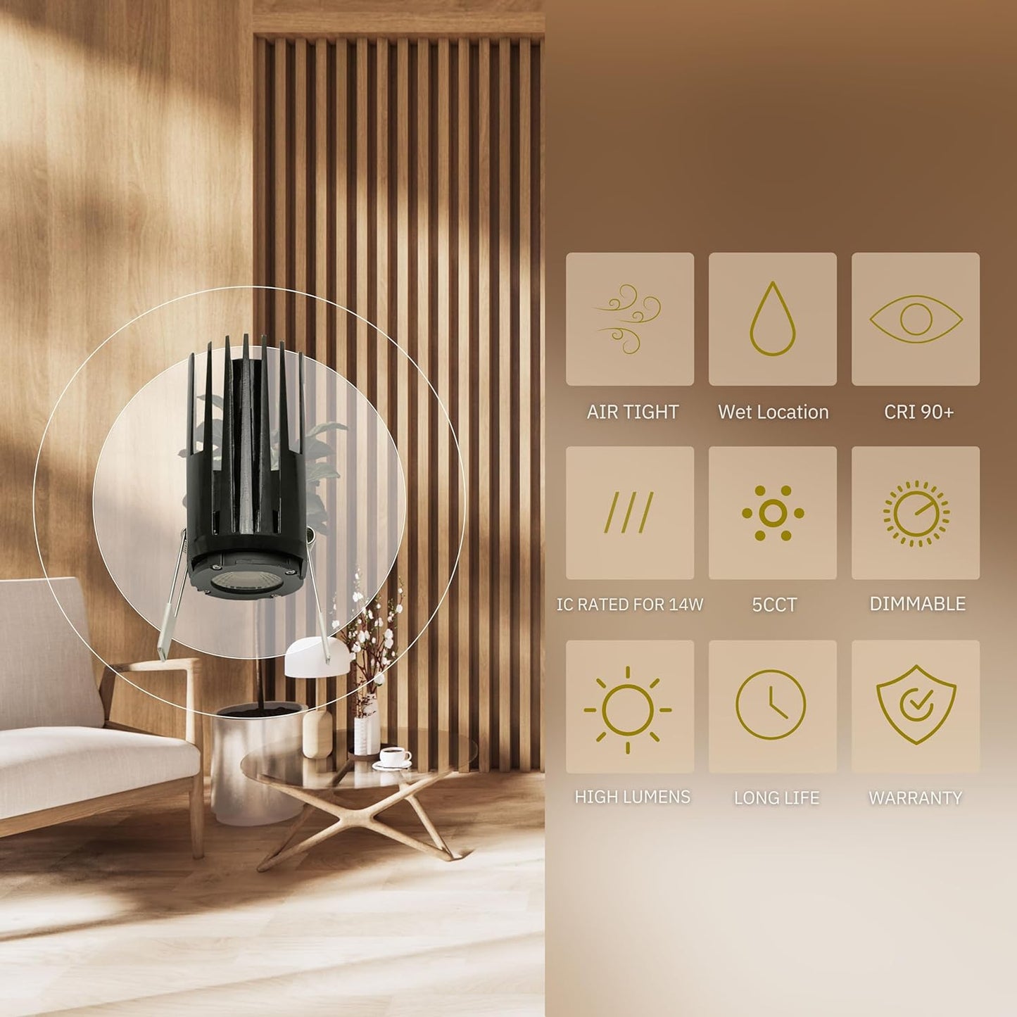 P-6159 2 Inch Brushed Brass Square 20W 1700/1200 Lumens 5CCT Recessed Light