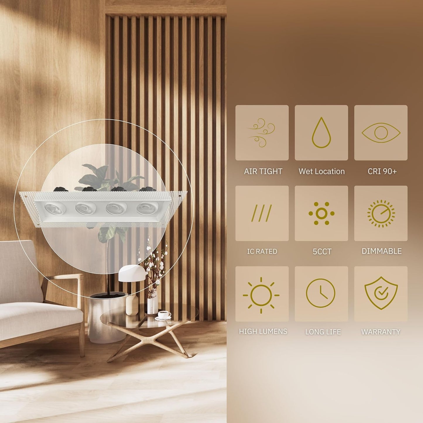 P-6169 4 Inch Trimless 4 Head White 52W 4800 Lumens 5CCT Gimbal Light