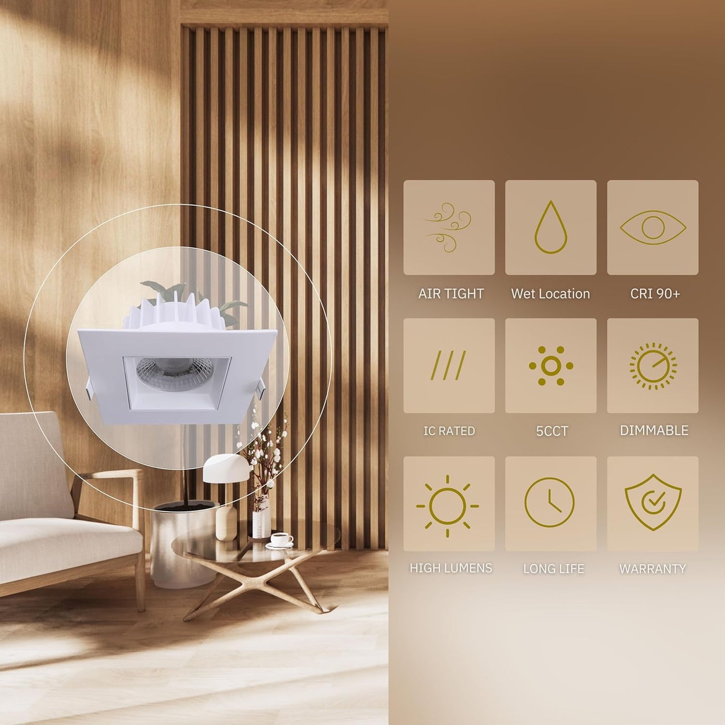 P-5090 5 Inch Square White 23W 2000 Lumens 5CCT Recessed Light