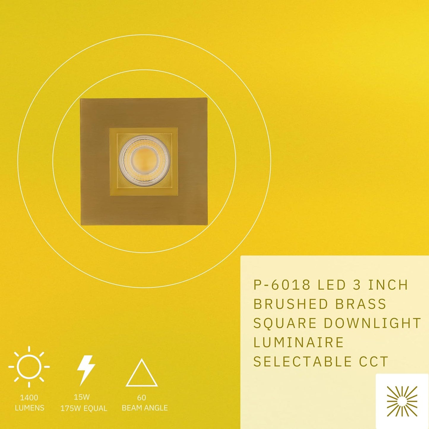 P-6018 3 Inch Brushed Brass Square 15W 1400 Lumens 5CCT Recessed Light