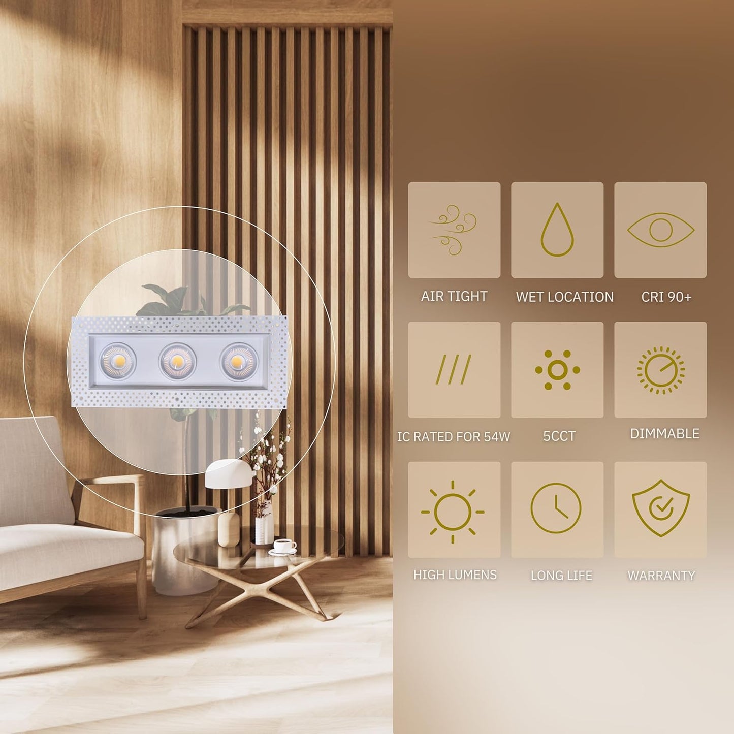 P-6606 4 Inch Trimless 3 Head Multiple Gimbal, White Finish 54 Watts, 4800 Lumens 5CCT Recessed Light