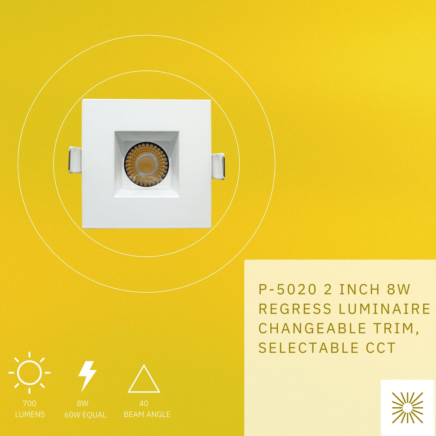 P-5020 2 Inch Square White Finish 8W 700 Lumens 5CCT Recessed Light