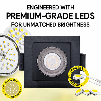 P-7261 2 Inch Single Head Square Black 3W, 200 Lumens, 5CCT Recessed Light