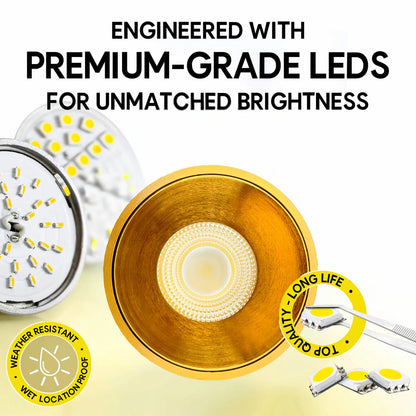 P-7156 3.5 Inch Millwork Trimless Round Brushed Brass HO 18-30W, 1700-2700 Lumens 5CCT Recessed Light