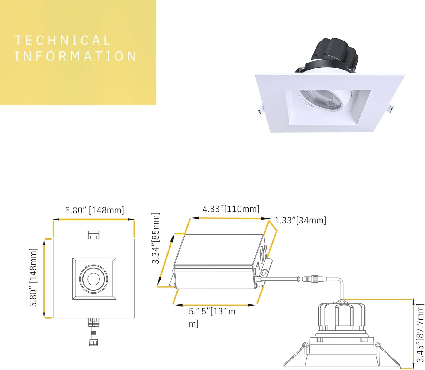 P-6394 3.5 Inch Regress Gimbal Square White 14W=125W, 1400 Lumens 5CCT Recessed Light