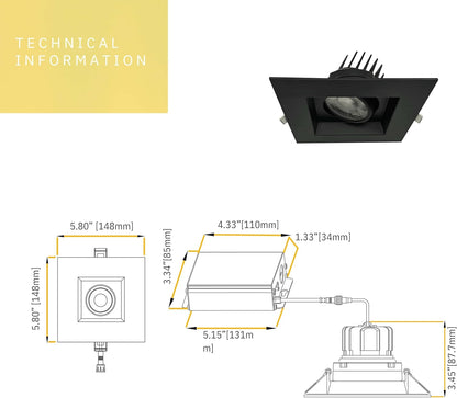 P-6395 3.5 Inch Regress Gimbal Square Black 14W=125W, 1400 Lumens 5CCT Recessed Light