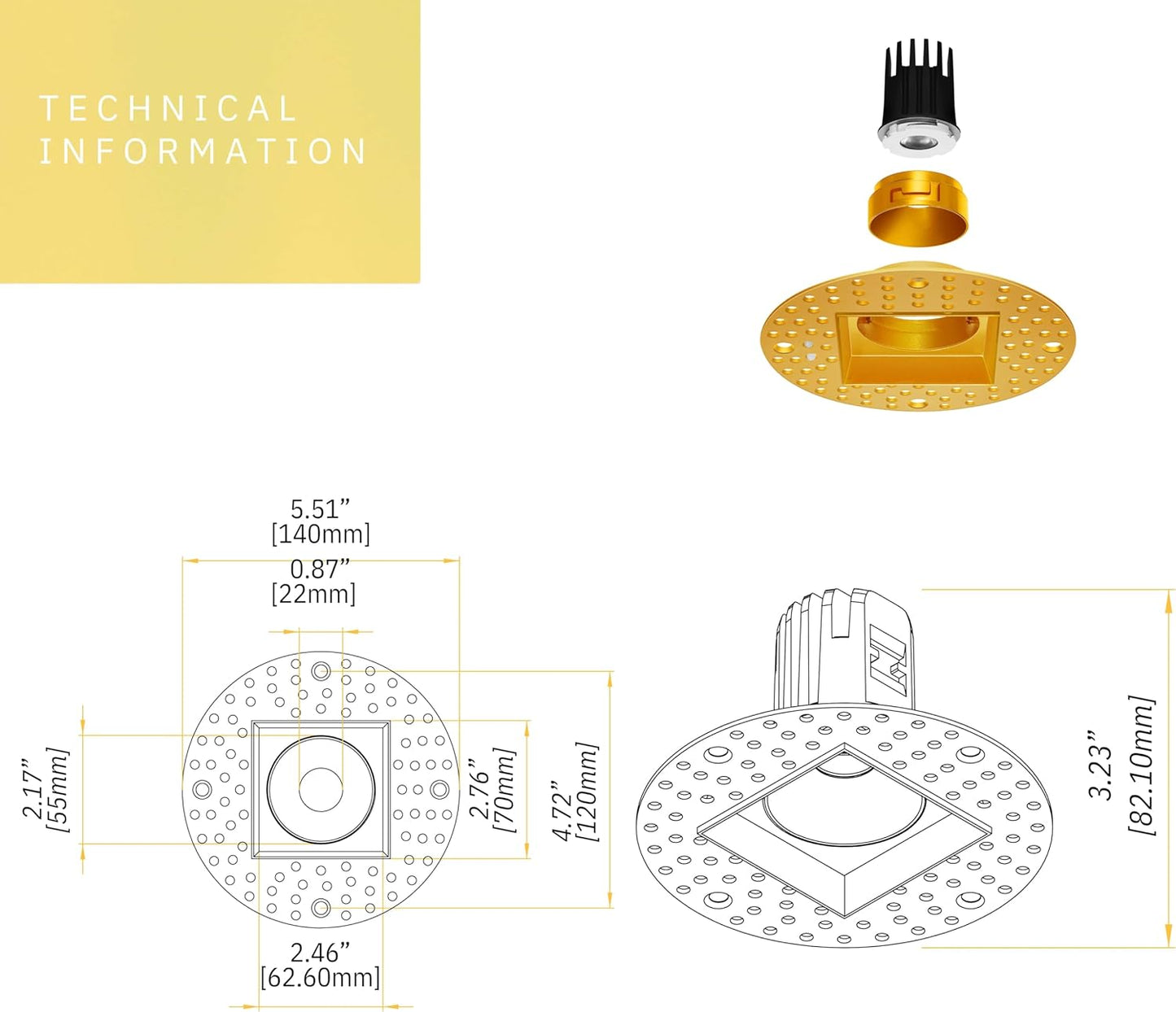P-6409 1.5 Inch Trimless Square, Brass Finish 7 Watts, 600 Lumens 5CCT Recessed Light