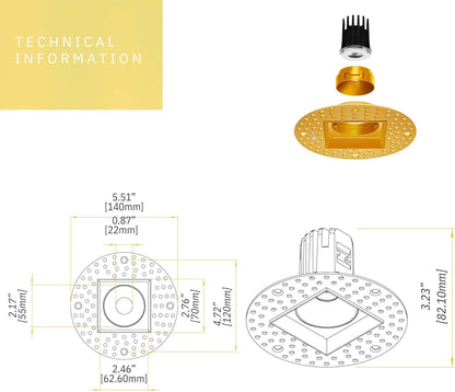P-6409 1.5 Inch Trimless Square, Brass Finish 7 Watts, 600 Lumens 5CCT Recessed Light