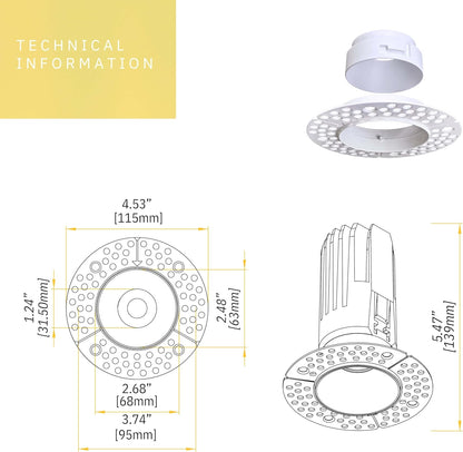 P-6350 2 Inch Trimless Round White 14W-8W 1200-750 Lumens 5CCT Recessed Light
