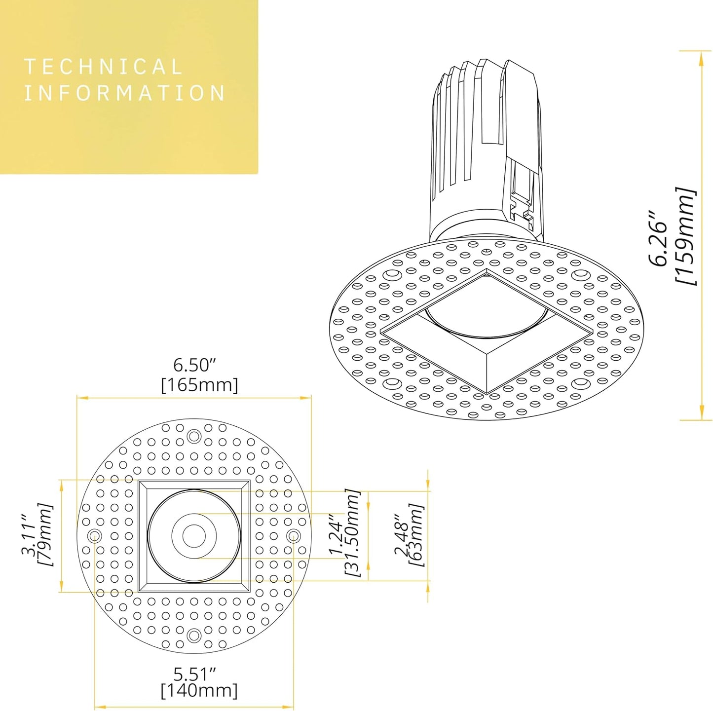 P-6389 2 Inch Trimless Square Black 20W-14W=170W-125W, 1700-1200 Lumens 5CCT Recessed Light