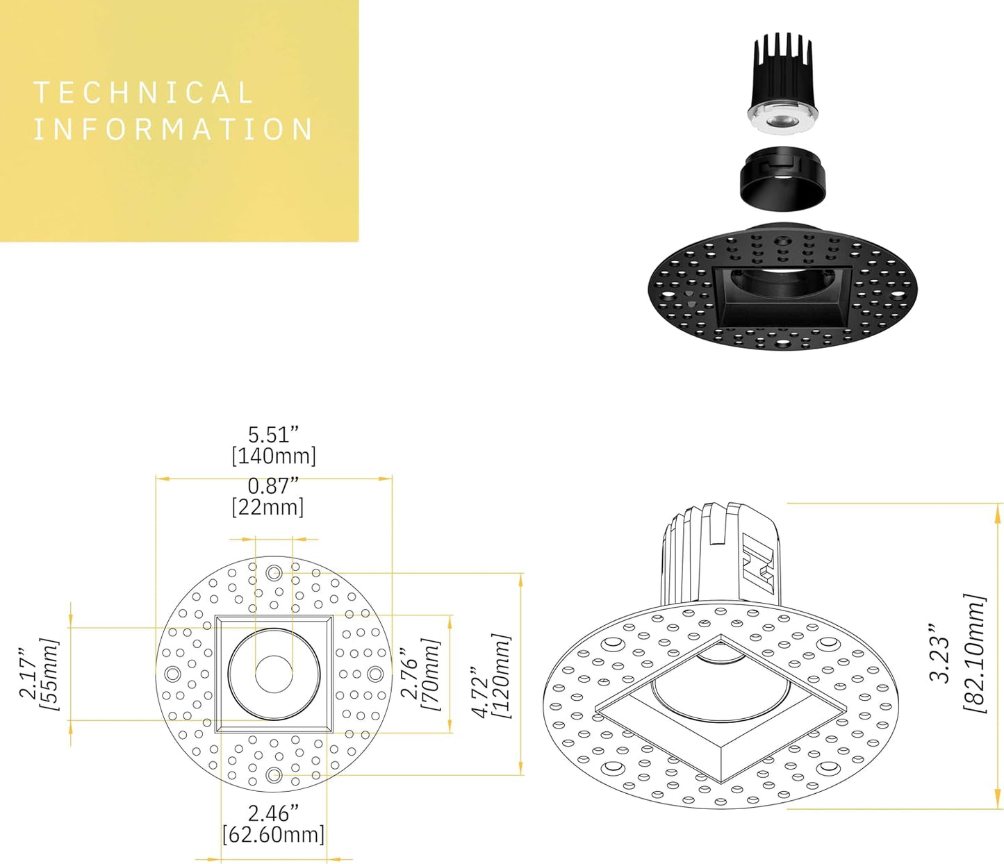 P-6386 1.5 Inch Trimless Square Black 7W=50W, 600 Lumens 5CCT Recessed Light