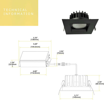 P-6391 5 Inch Square Black High Output 40W-30W-23W=350W, 3500-2600-2000 Lumens 5CCT Recessed Light