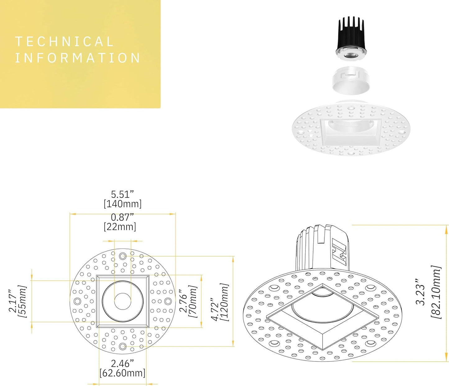 P-6361 1.5 Inch Trimless Square White 7W 600 Lumens 5CCT Recessed Light
