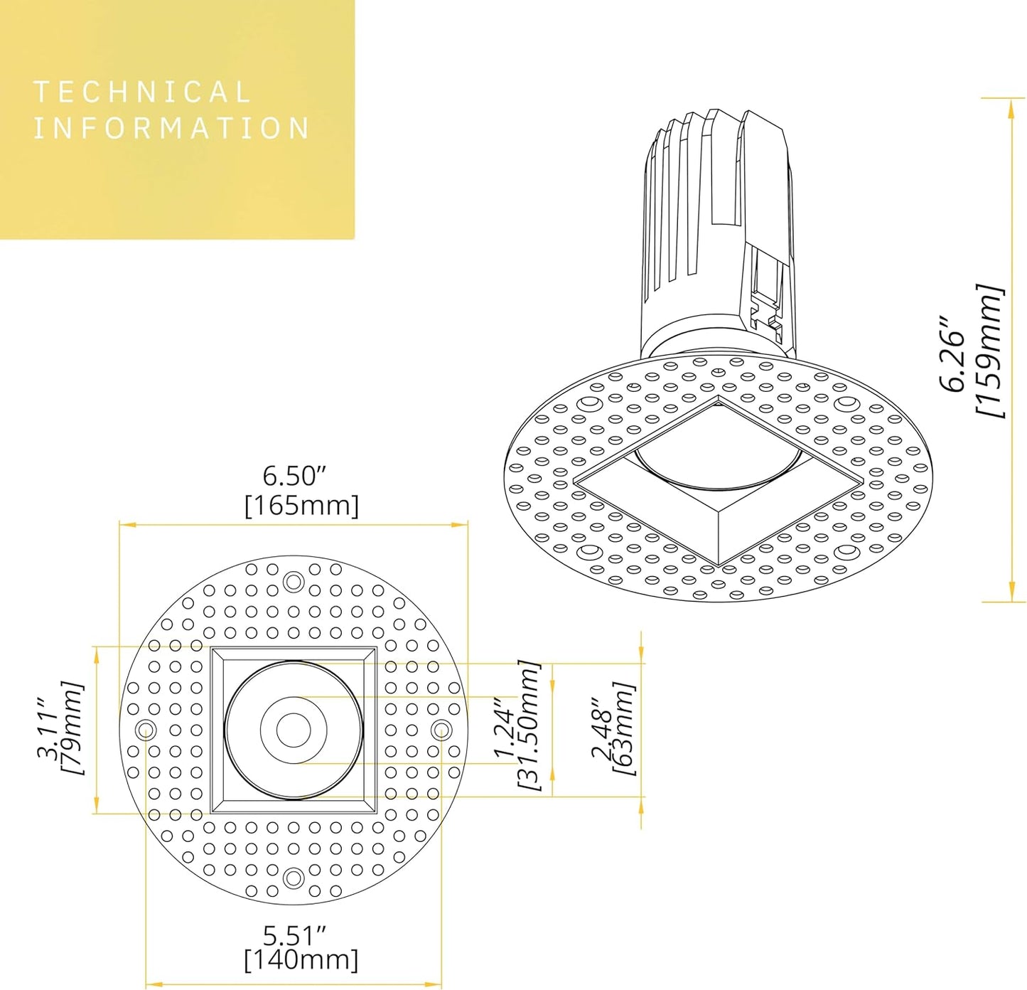 P-6420 2 Inch Trimless Square, Brass Finish 14 Watts, 1200 Lumens 5CCT Recessed Light
