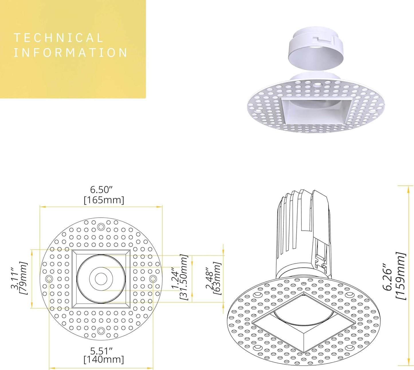 P-6365 2 Inch Trimless Square White 14W-8W 1200-750 Lumens 5CCT Recessed Light