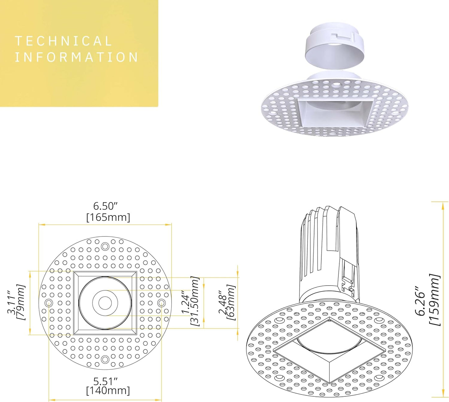 P-6366 2 Inch Trimless Square White 14/20W, 1200/1700 Lumens 5CCT Recessed Light
