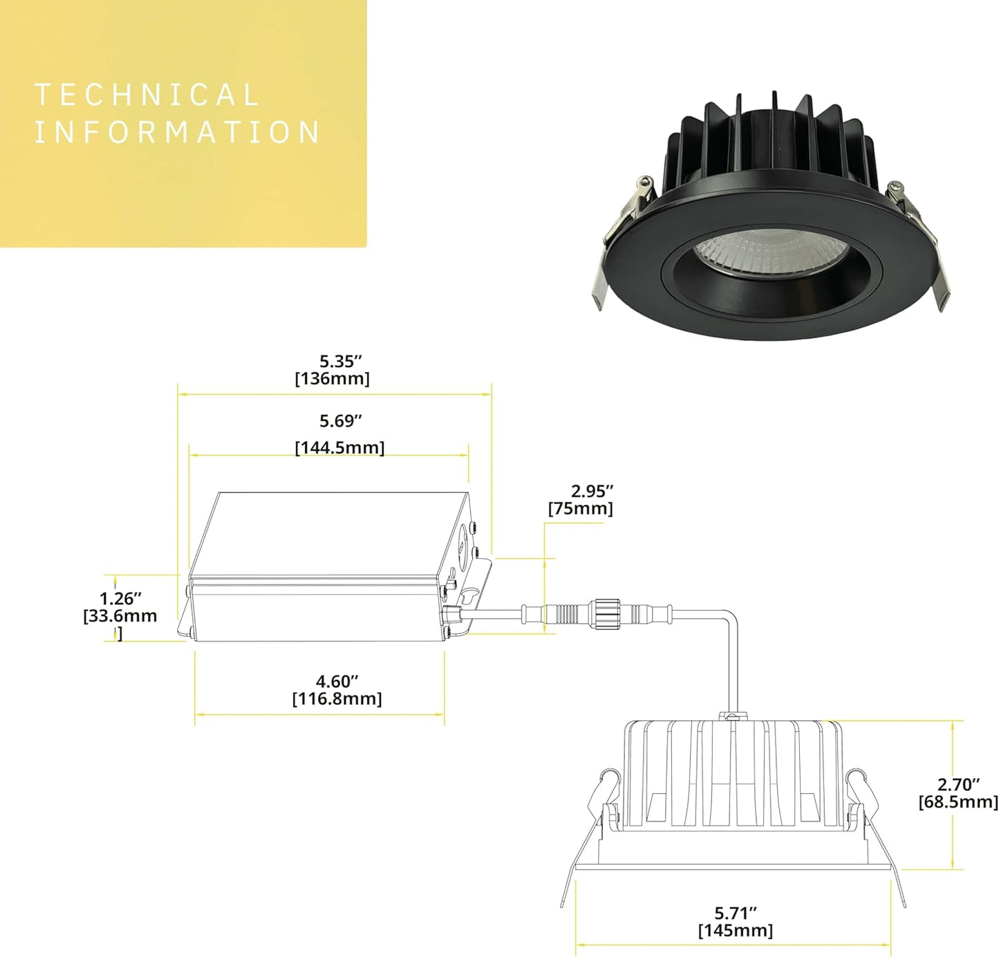 P-6390 5 Inch Round Black High Output 40W-30W-23W=350W, 3500-2600-2000 Lumens 5CCT Recessed Light