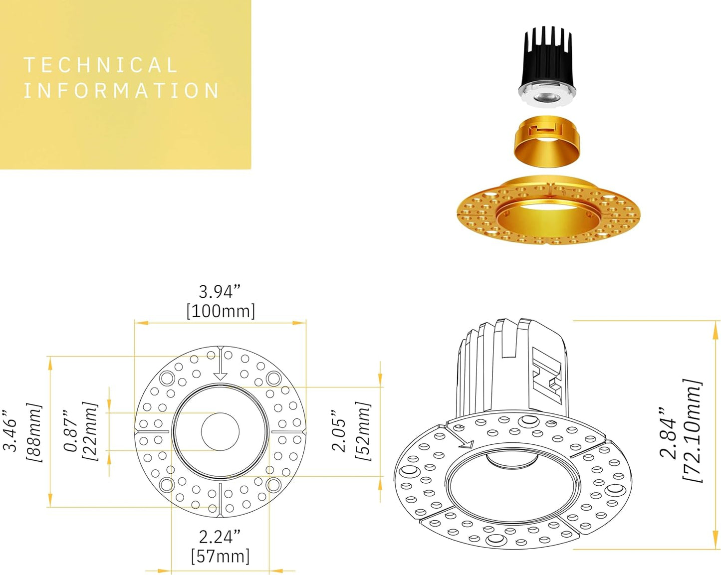 P-6348 1.5 Inch Trimless Round Brass 7W 600 Lumens 5CCT Recessed Light