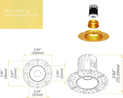 P-6348 1.5 Inch Trimless Round Brass 7W 600 Lumens 5CCT Recessed Light