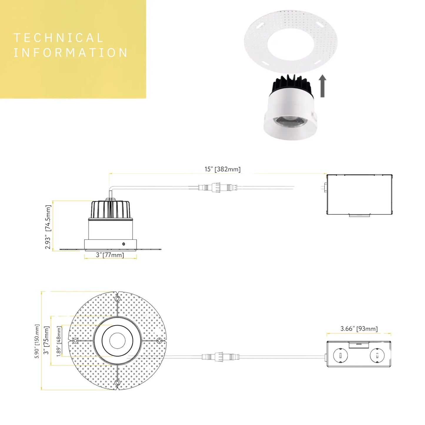 P-5000 3.5 Inch Trimless Round White 12W 1000 Lumens 5CCT Recessed Light