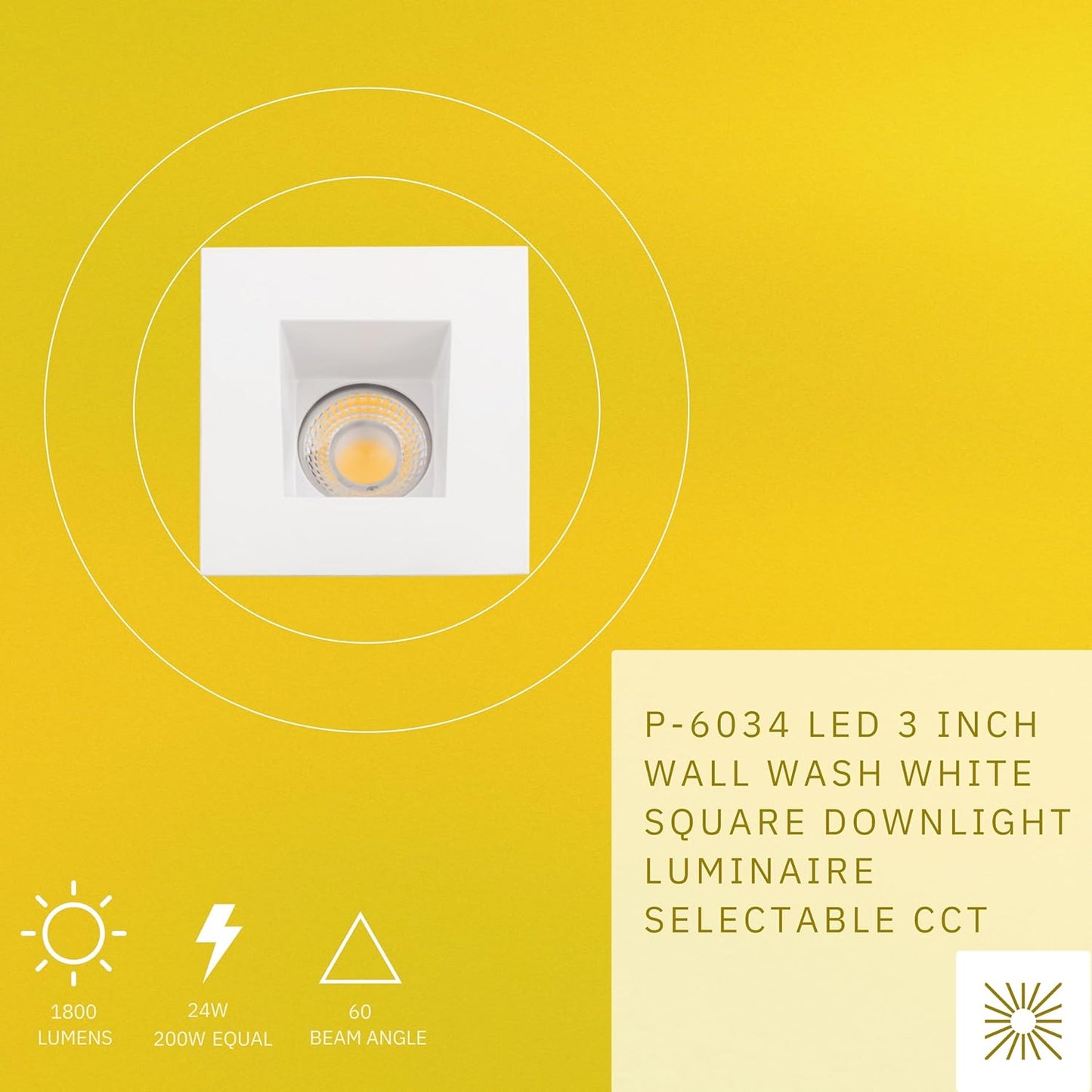 P-6034 3 Inch Wall Wash White Square 24W 1800 Lumens 5CCT Recessed Light