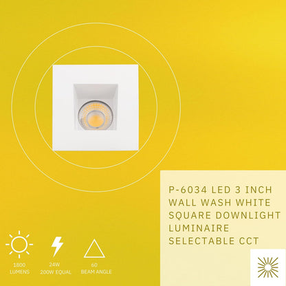 P-6034 3 Inch Wall Wash White Square 24W 1800 Lumens 5CCT Recessed Light