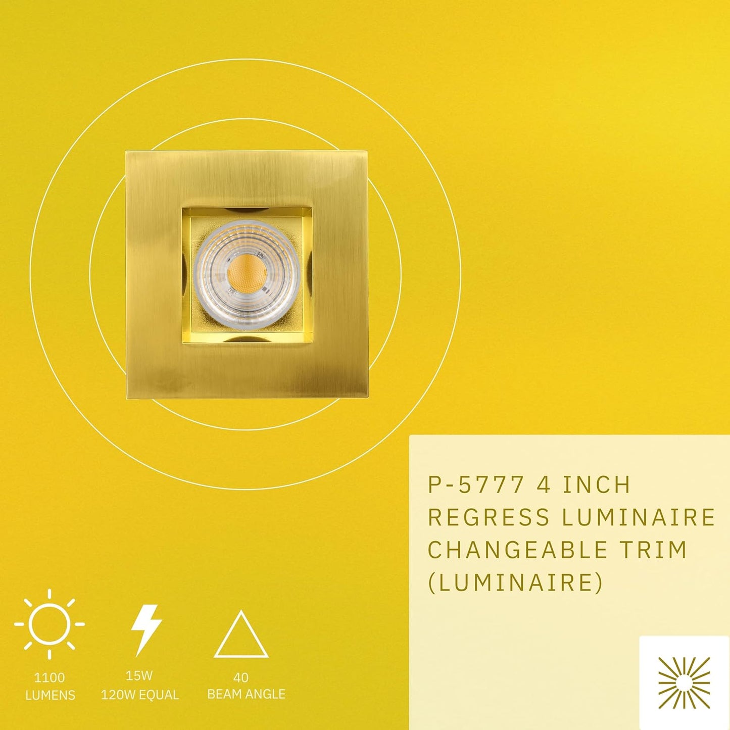 P-5777 4 Inch Square Brushed Brass 15W 1100 Lumens Warm White 3K Recessed Light