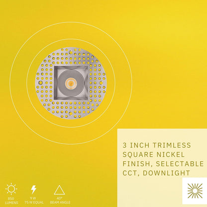 P-6428 3 Inch Trimless Square, Nickel Finish 9 Watts, 850 Lumens 5CCT Recessed Light