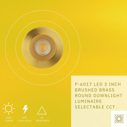 P-6017 3 Inch Brushed Brass Round 15W 1400 Lumens 5CCT Recessed Light